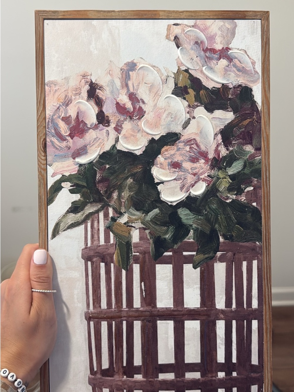 Floral Basket Oil-Style Wall Art in Pink and Green